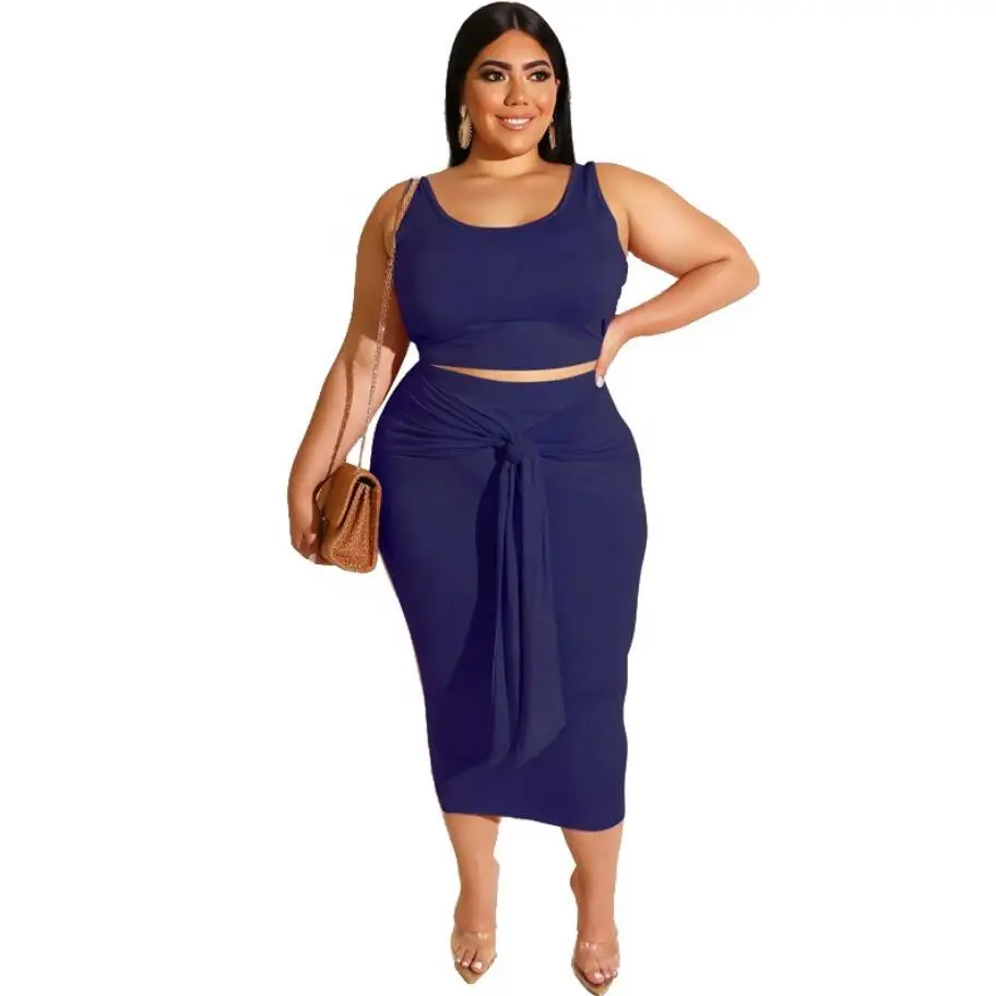 

Sexy Solid Color Midi Bodycon Dress Plus Size Two Piece Set Summer Sleeveless Crop Top Women Clothing 2021