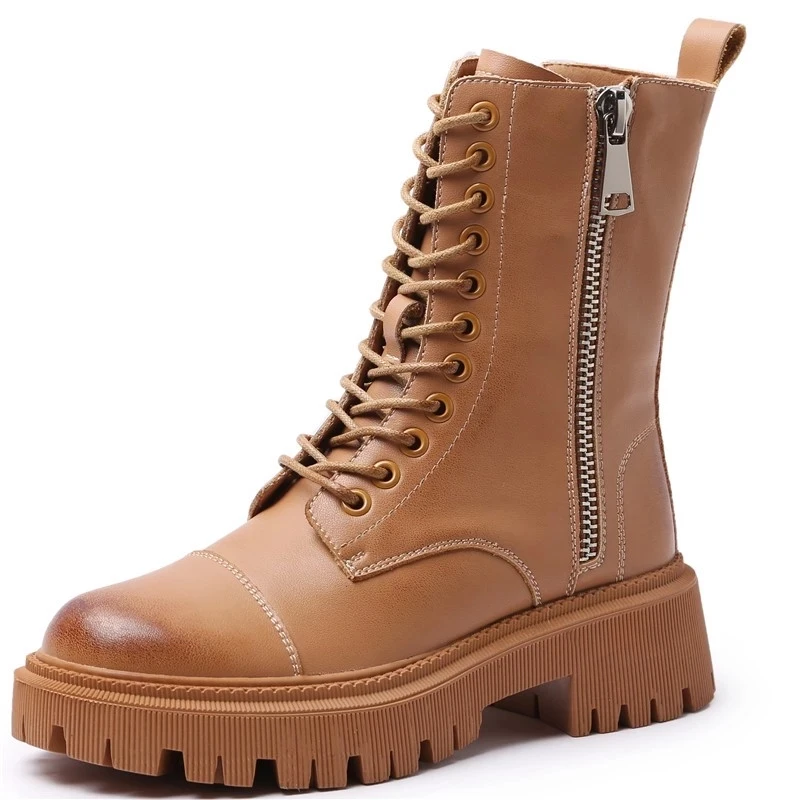 

Mid-Calf Platform Boots 2020 Brand Genuine Leather Boots for Woman Lace up Chunky Out Sole Boots Women Winter Shoes