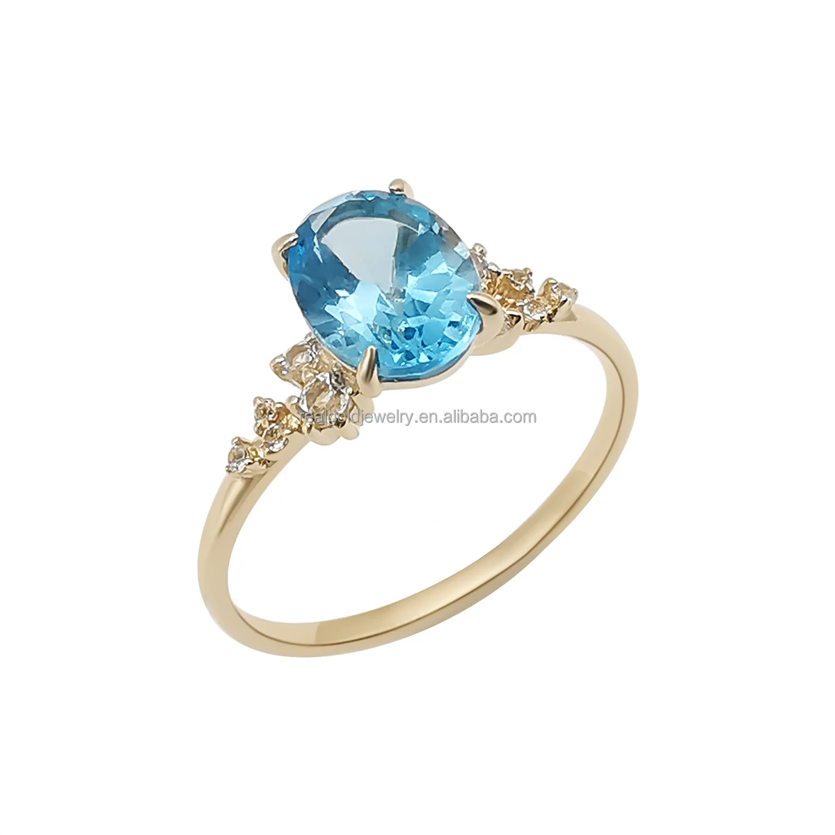 

Hot Sale 14K Solid Gold Ring Blue Color Natural Topaz Stone Engagement Real Gold Jewelry Ring