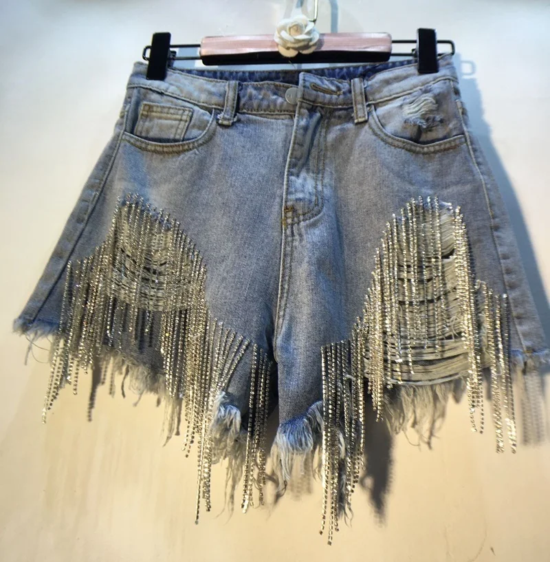 

2021 Women High Waist Denim Shorts Rhinestone Heavy Tassels Diamond Beads Light Blue Women Denim Shorts