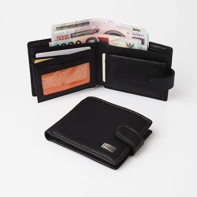 

wholesale pure natural cow leather black mens short wallet with clear id card window coin pocket