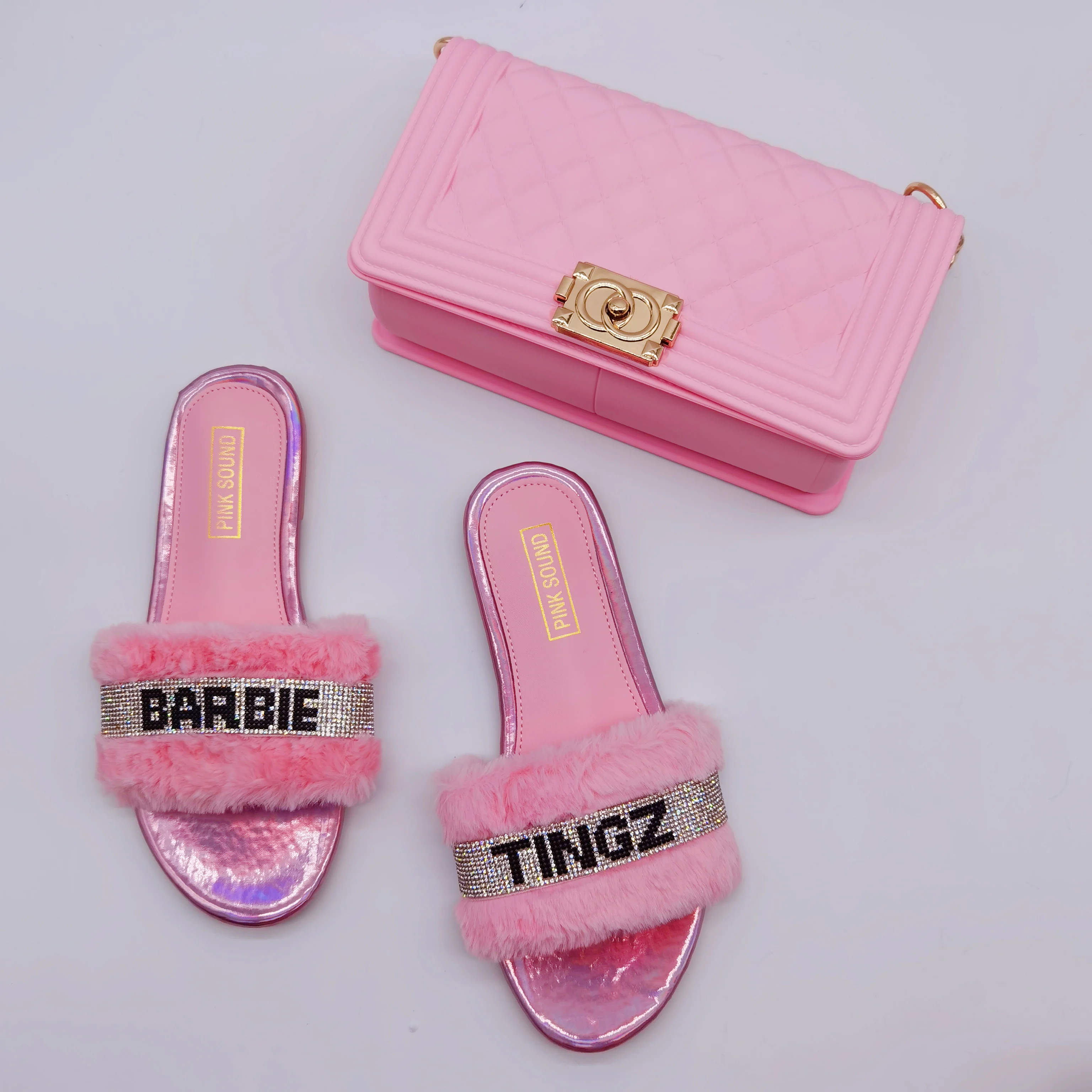 

wholesale ladies bling sandals women causal shoes flats women fur slides with matching bags