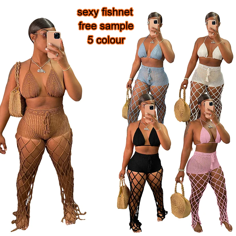 

Handmade Women Swimwear & Beachwear See Through Summer Beach Outfits Halter Bra Fishnet Pants Mesh 2 Two Piece Crochet Set Women, Picture color