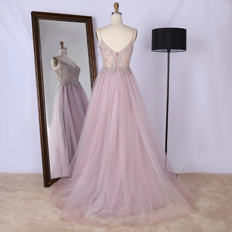 Fancy tulle beading spaghetti strap sweep train pink elegant long special occasion prom dresses JPG