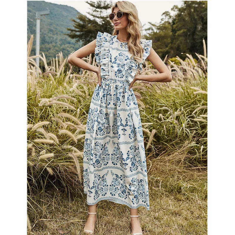 

Summer Sleeveless Women Floral Print Long Dress O Neck Backless Ruffles Robe Ladies Elegant Swing Maxi Party Dresses 2021, Shown