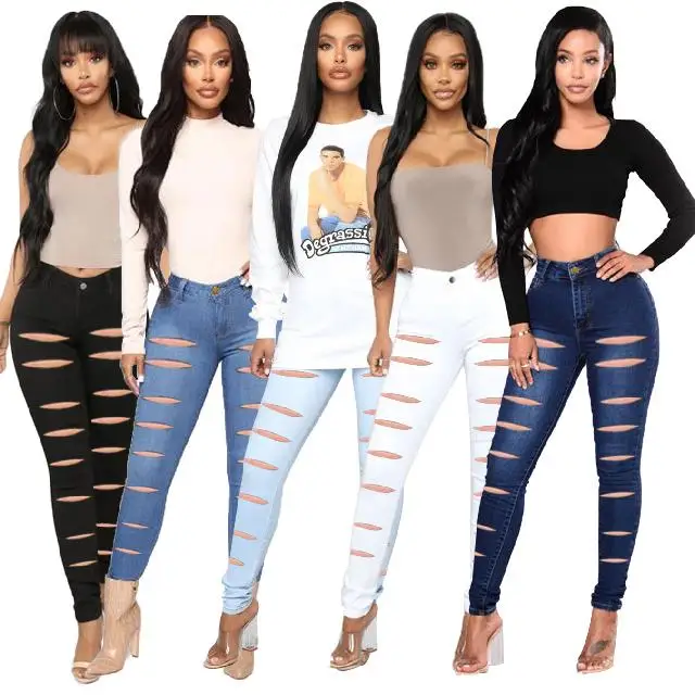 

Fashion Street Wear All-match Ripped Stretch High Waist Jeans, Picture color