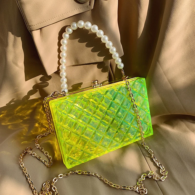 

Luxury pearl handle transparent acrylic box evening ladies shoulder crossbody purses women wedding Party clear clutch handbag, 4 colors