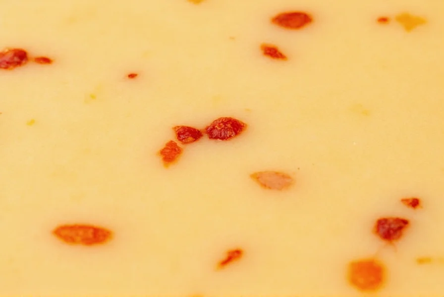 Close-up view of Pepper Jack cheese showing distinctive red pepper flecks throughout the pale yellow cheese
