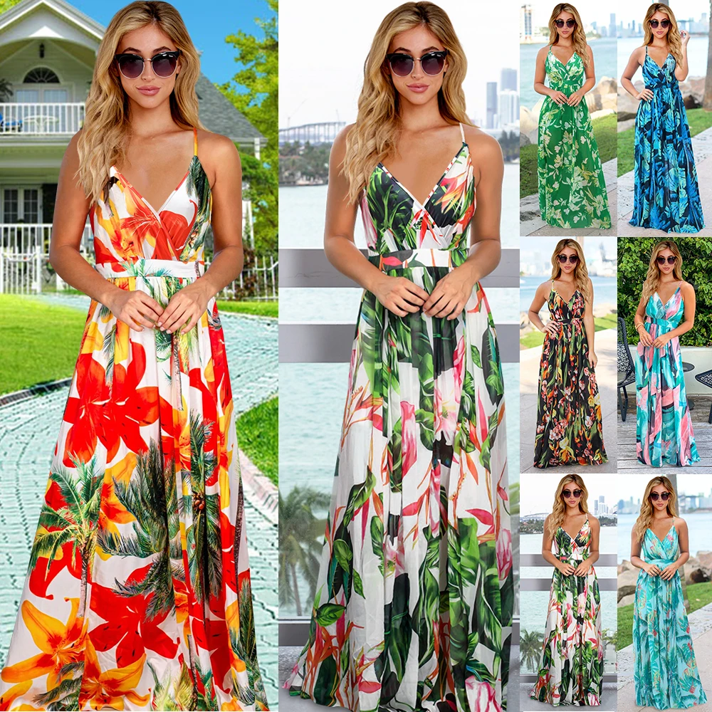 

2021 Newest Women's V Neck Floral Spaghetti Strap Summer Casual Swing Dress, Picture