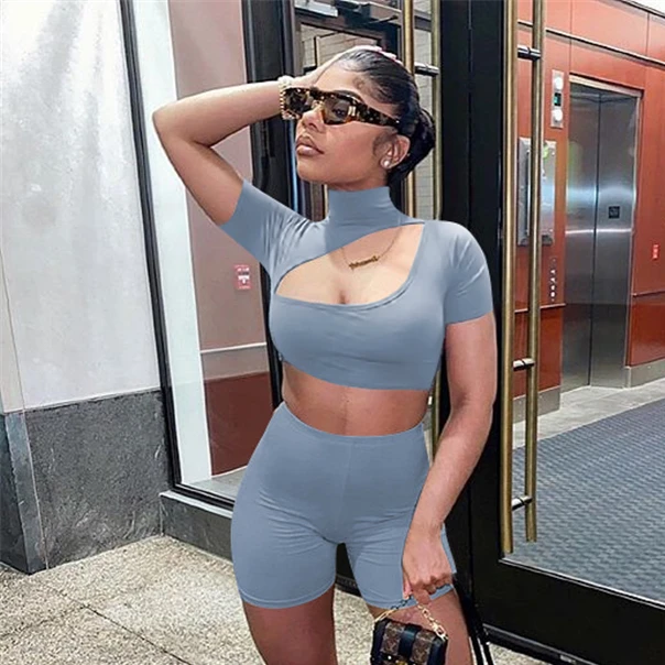 

Solid Color Asymmetric Hollow Standard Collar Short Sleeve Women Sports Two Piece Set Sexy Crop Top Shorts 2 Piece Set, Customized color