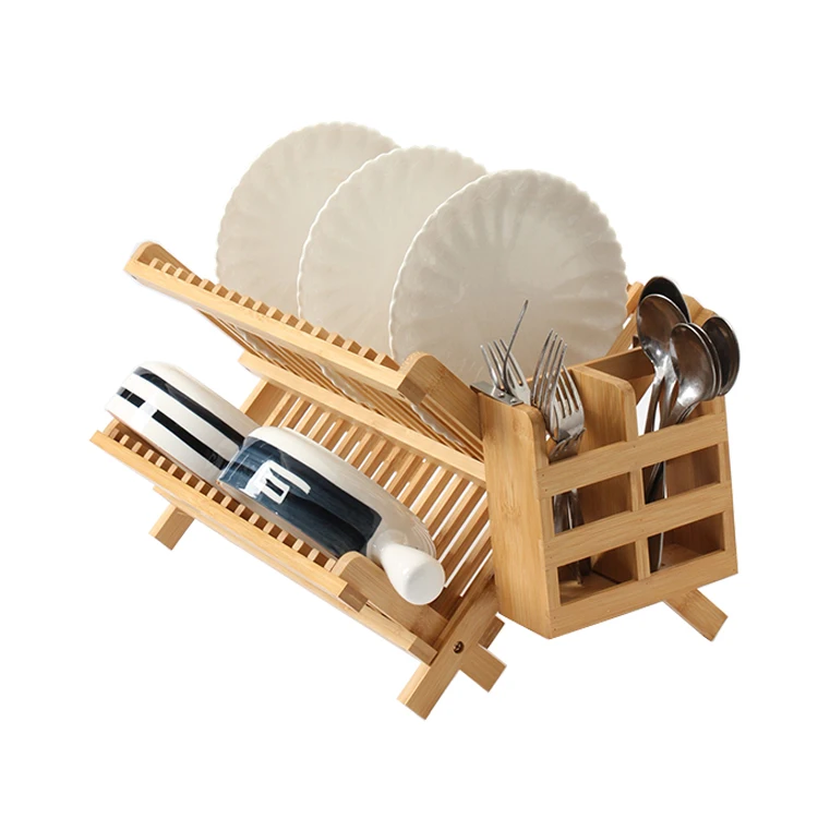 

Bamboo Dish Drying Rack with Utensil Holder, Collapsible Wooden Dish Drainer Rack, Natural