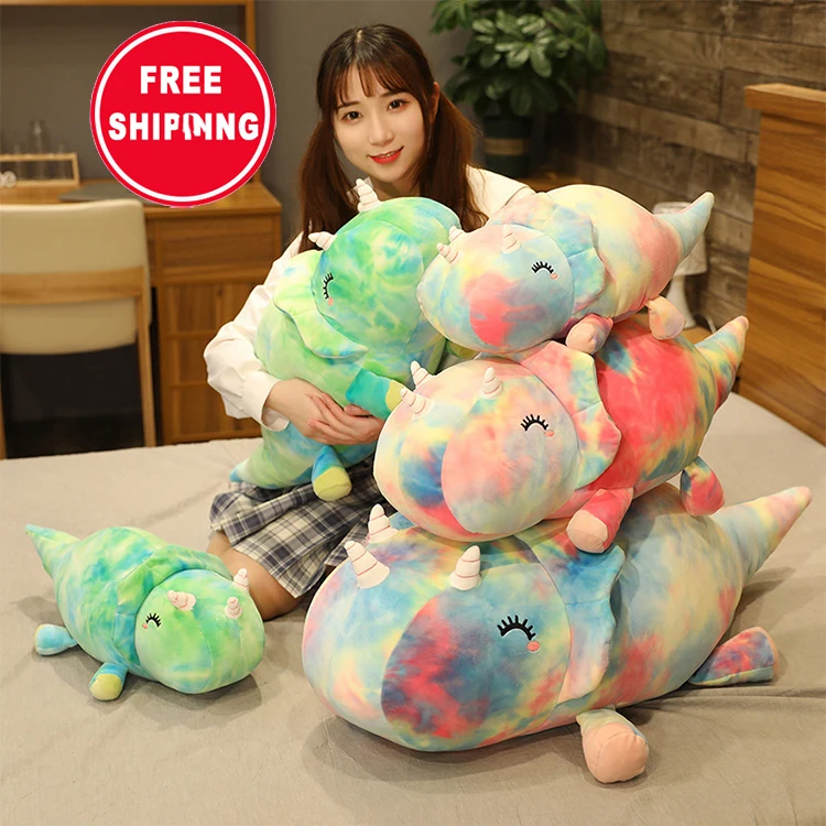 

2022 new cute triceratops pillow animal cotton soft hugging plush pillow toy doll, Pink/green