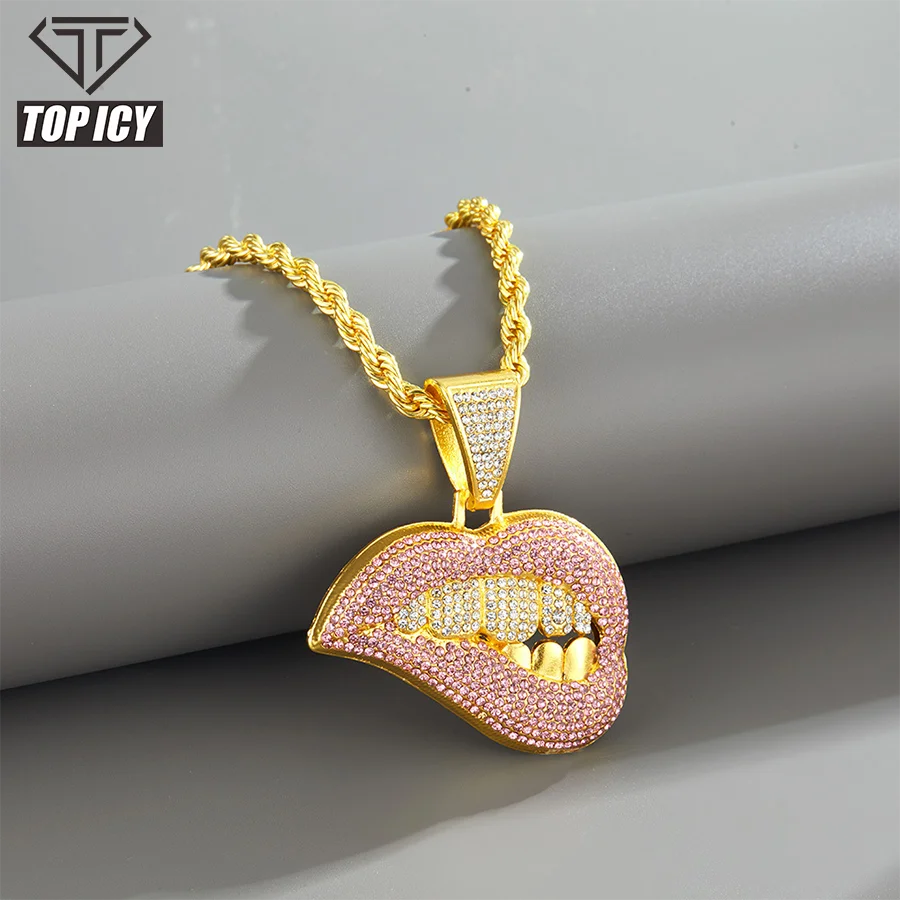 

Fashion High Quality Cool Gold Silver Lips Pendant Necklace Chain Hip Hop Jewelry Iced Out Chain With Pendant