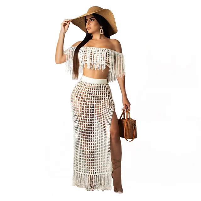 

tassel beach skirt casual suit Summer hot sale sexy hollow handmade, Picture color