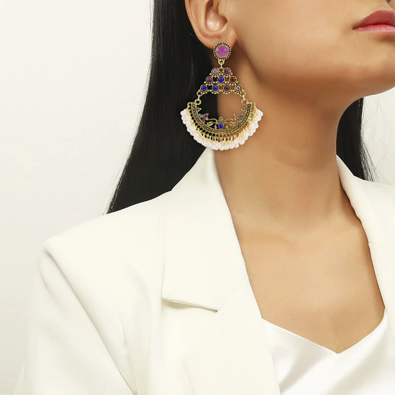 

Gypsy Vintage Gold Metal Rhinestone Geometry Shaped Drop Earrings for Women Wedding Boho Party Jewelry, Colorful