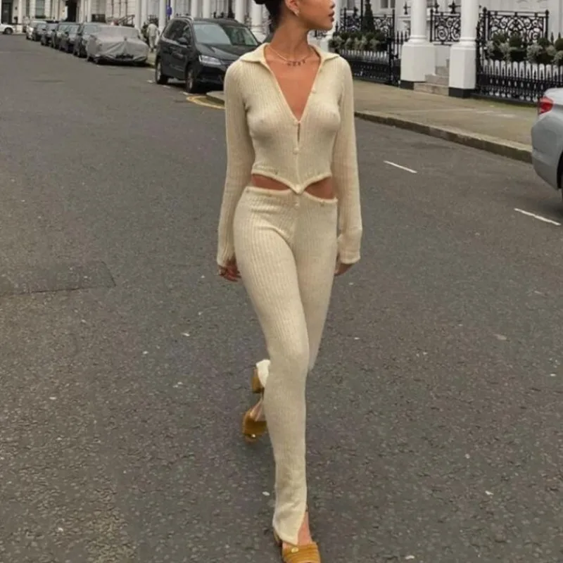 

Lady Jumpsuit Button Ribbed Knitted Two Piece Set Fall Winter Sexy White Long Sleeve Bodycon Women Jumpsuits C14117