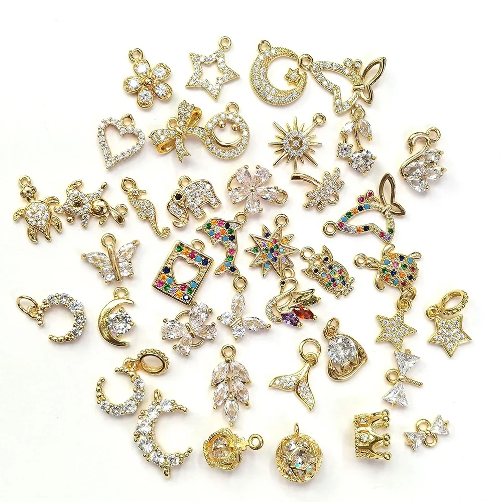 

Charm DIY dainty 14K gold plating moon star heart butterfly swan elephant butterfly flower charm pendant for jewelry making