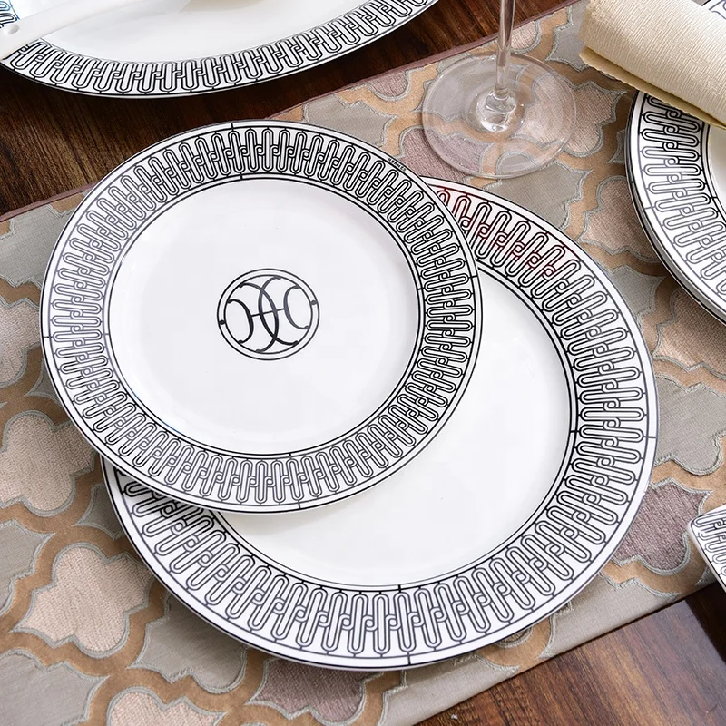 

Wholesale 8/10 Inch Gray Black Stripe Western Europe Luxury Home Decors Bone China Dining Room Sets Dishes And Plates