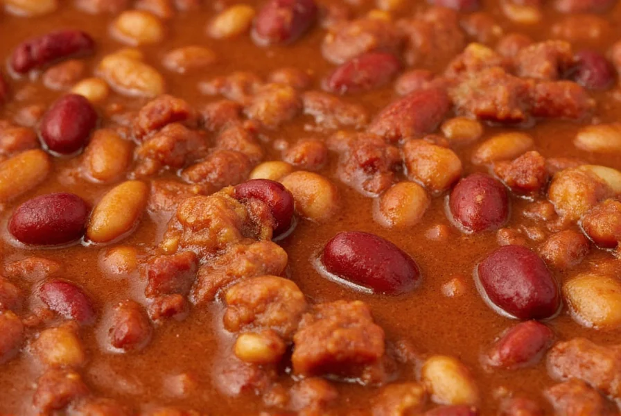 Close-up of perfectly cooked chili with beans showing rich color and visible kidney beans and ground beef