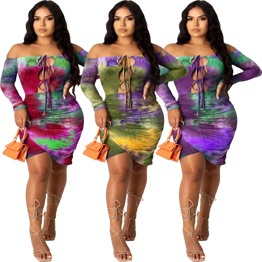 

20730-MX55 bandage tie dye off shoulder girl's dresses bodycon mini sehe fashion