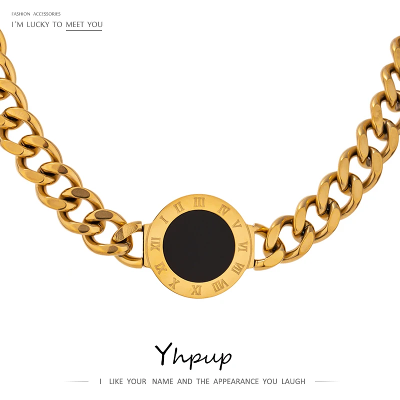 

Yhpup Roman Numeral Round Chain Necklace Waterproof Stainless Steel Choker Necklace Gold Jewelry