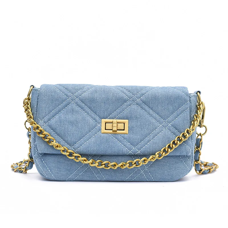 

New Style Women Lozenge Canvas Small Square Crossbody Bag Thick Chain Bags For Ladies, Blue, navy blue,black,light blue,beige