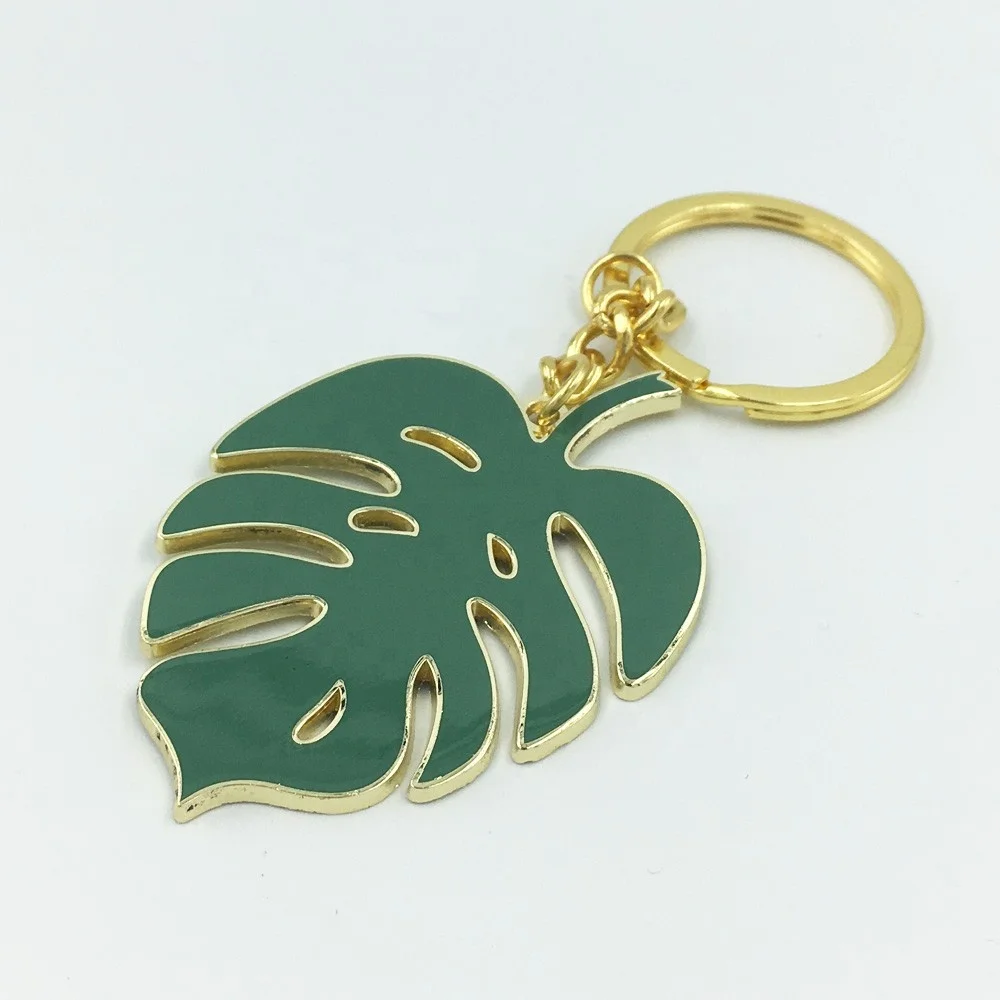 product nature green metal leaf key ring gold hard enamel monstera leaf keychain-9
