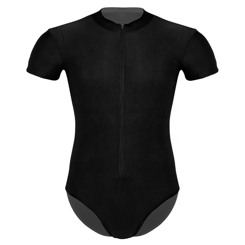 

Mens One-piece Short Sleeves Front Zipper High Cut Stretchy Gymnastics Ballet Dance Leotard Swimsuit Bodysuit