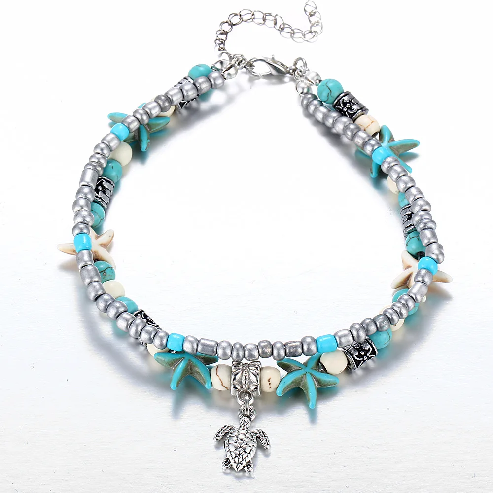 

Fashion Vintage Bohemian Bead Multi Layer Foot Jewelry Anklet Shell Blue Starfish Turquoise Anklet For Women, Turquoise+silver plated