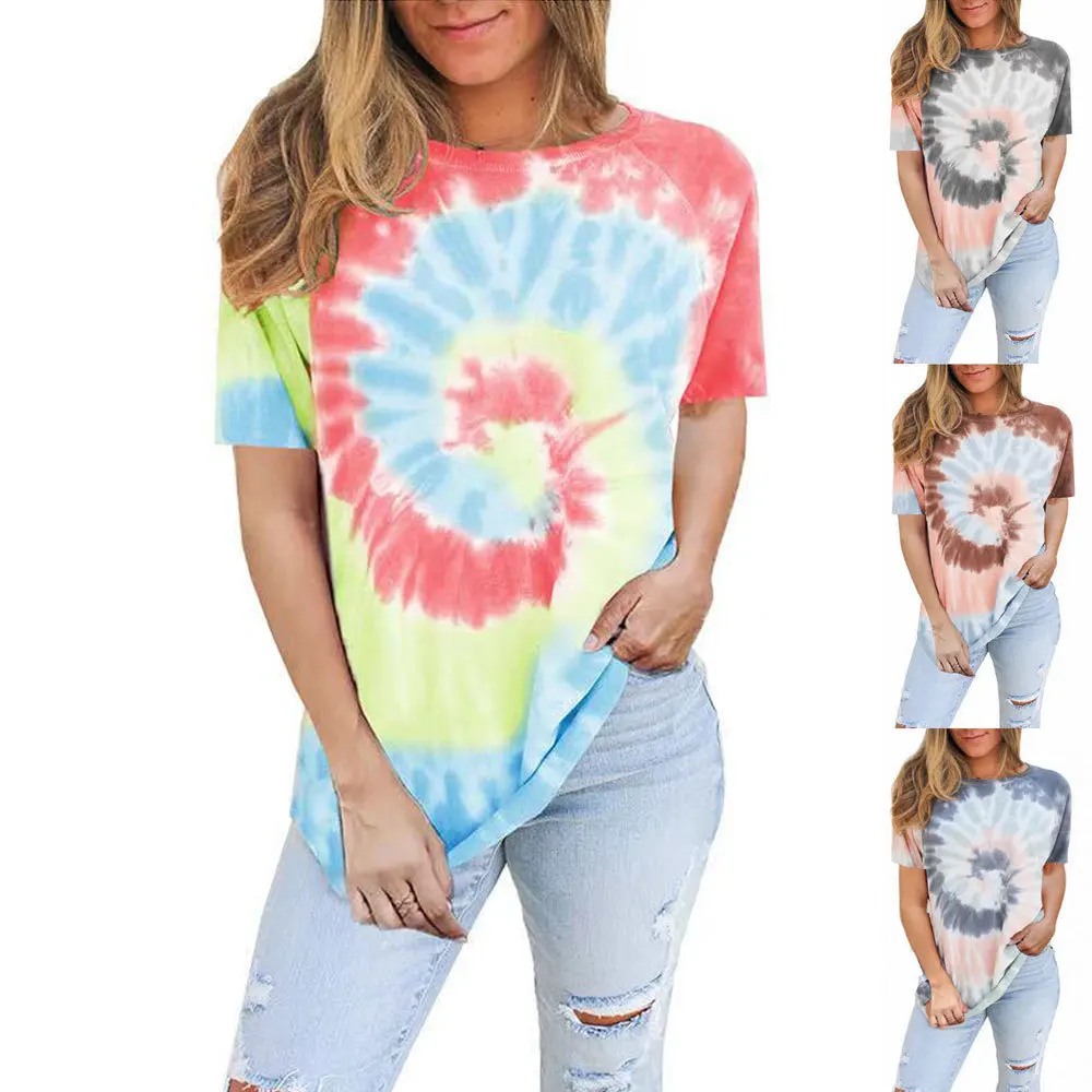 

Tie-dye casual loose round neck short-sleeved T shirt woman, Multi color optional