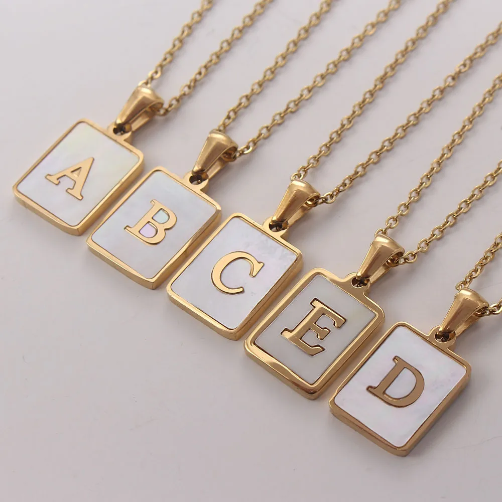 

HongTong Fashion Shell Letter Code Logo Square Stainless Steel Necklace Letter Nameplate Necklace, Picture
