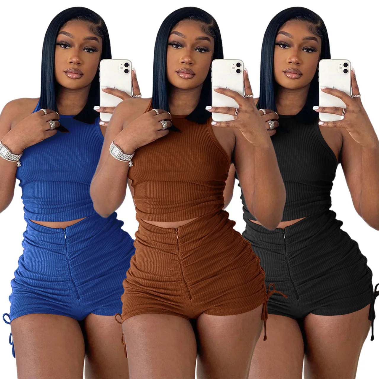 

2022 New Arrivals Solid Thread Two Piece Shorts Set Summer Women Clothes Crop Tank Top And Stacked Shorts Set