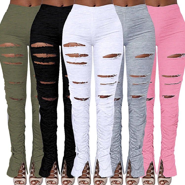 

S-2XL 2021 Fashion Women Mid Waist Solid slim Flared Pants hole track stacked Leggings