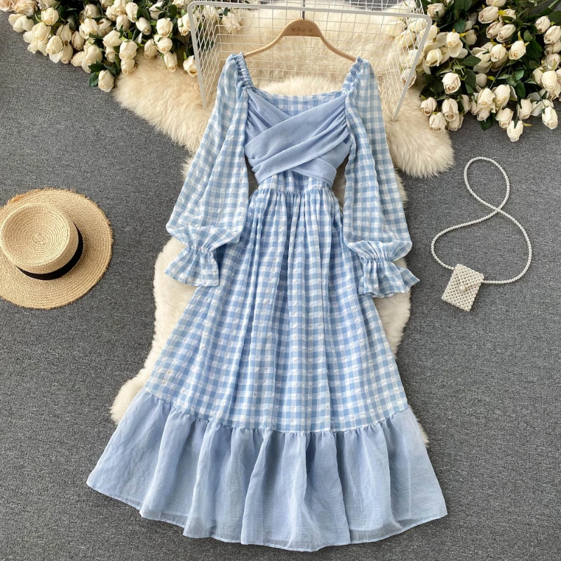 

2021 Spring Autumn Elegant Square Collar Dress Lantern Sleeve Plaid Dress Waist Slimming Women's Retro Long Sleeve Midi Dress