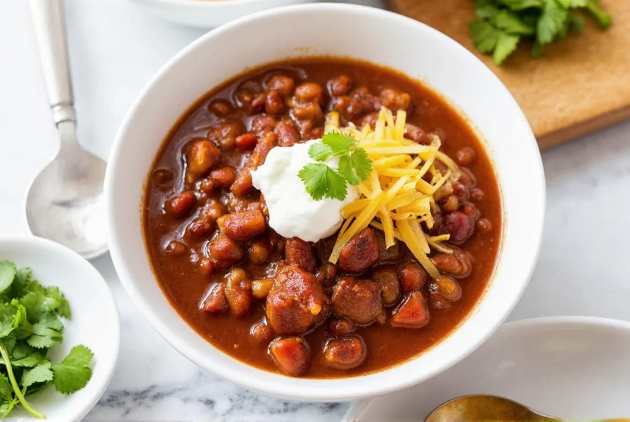 Finished crock pot chili served in bowl with garnishes including cheese, sour cream, and cilantro