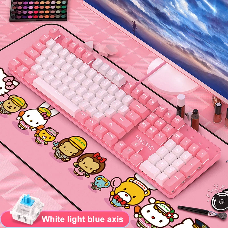 

Mechanical Keyboard Gaming Keyclick Lovely Pink Blue Round Keycaps Punk Multimedia Knob Gaming Keyboard with LED Light