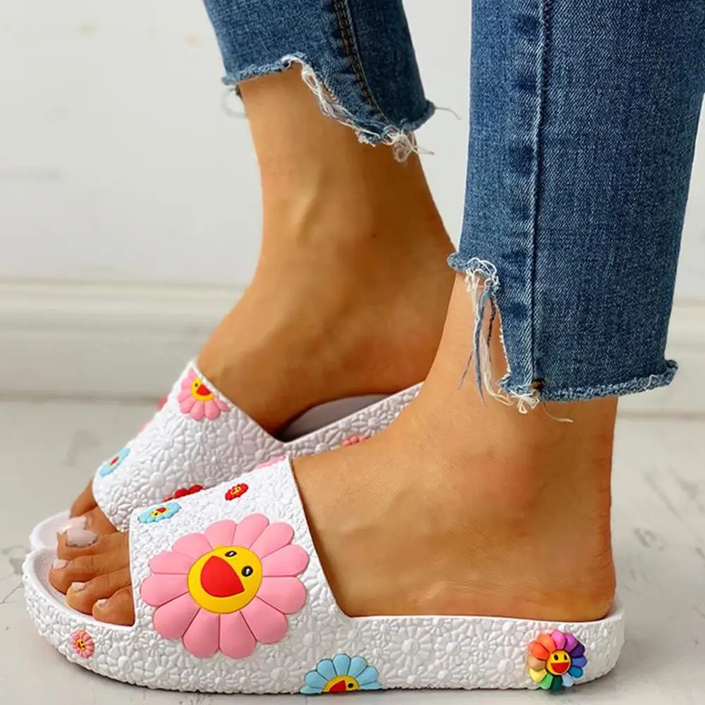 

Beach Slippers 3D Smiling Sunflower Platform Sandals Women Casual Flats Flip Flops Women Outside Summer Home Bath Indoor Shoes