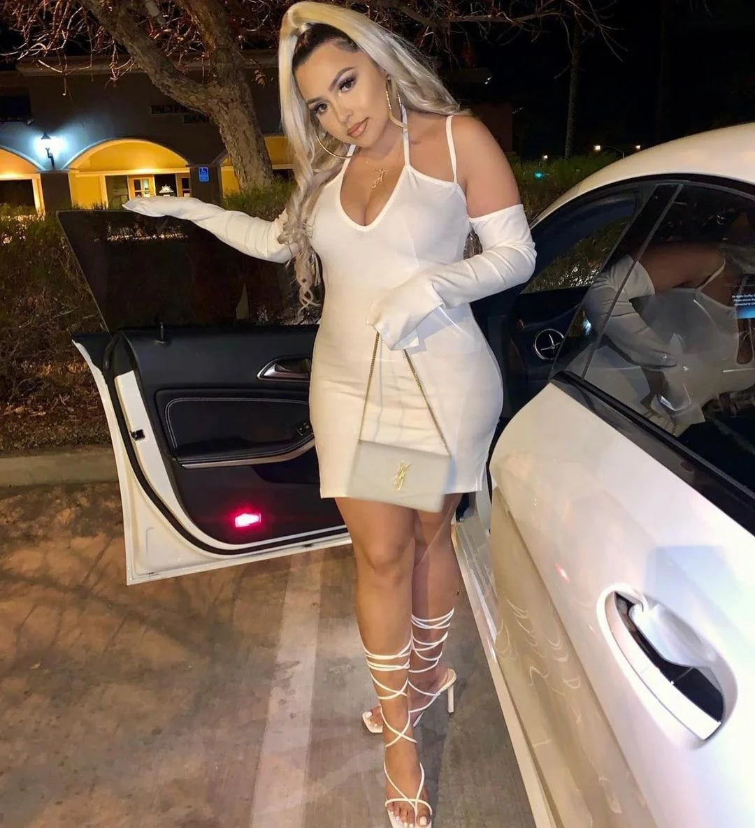 

YD Summer trendy ladies sexy v neck bandage dress club party wear ribbed spaghetti strap women slit white dress