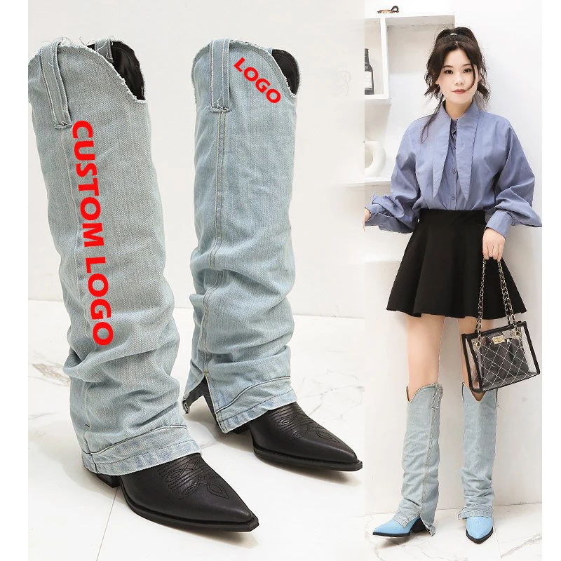

Free Shipping Women Denim Jean Knee High Boots Mid Calf Bootie Ripped Cowboy Boots High Heel Oversize Hot Sale Winter Spring, Requirement