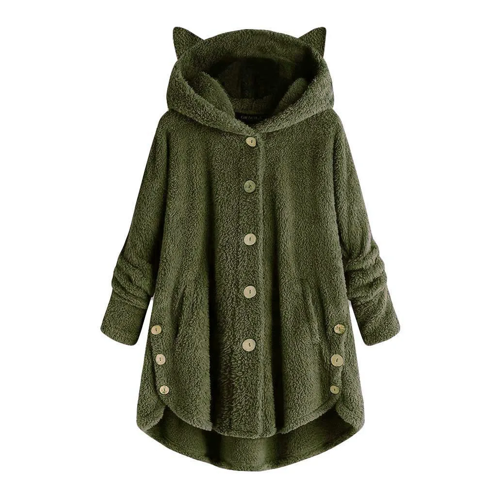 

LEX Woman Autumn and winter Plus size 5XL soft clothing women's fashion button hooded cute ear Plush top irregular sweater coat