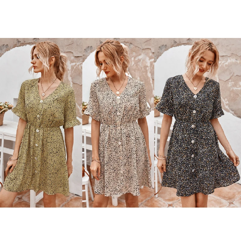 

MUTONGYI Wholesale Colorful Leopard Dress Half Sleeves Woman Casual Short Dress Elegant Women's Dresses with Buttons, Multi