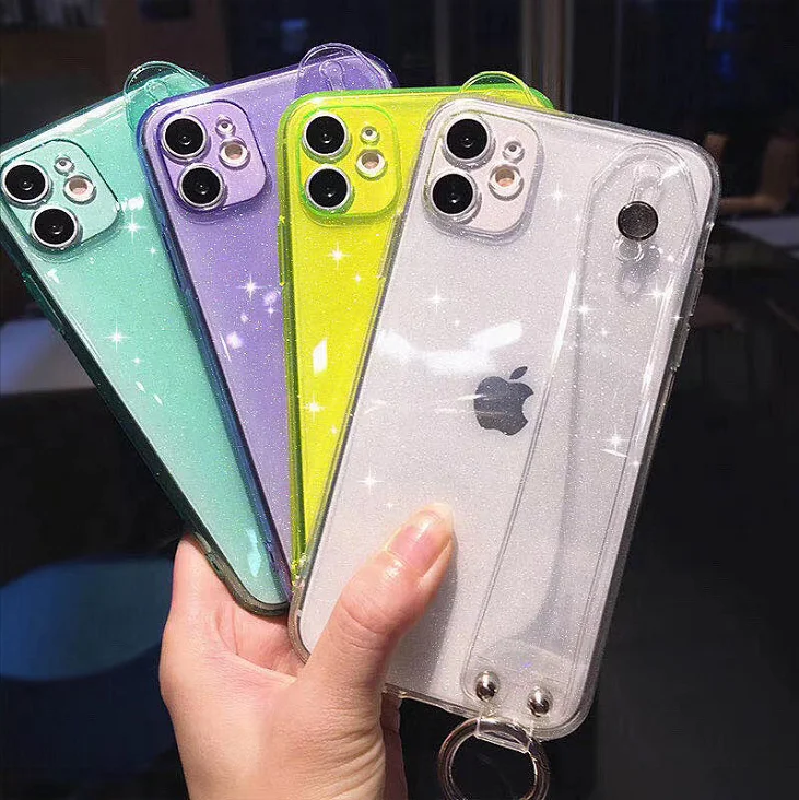 

Neon Glitter Wrist Strap Hand Band Soft TPU Back Case Phone Accessories for iPhone 12 Mini/12/12 Pro/12 Pro Max, Multi colors