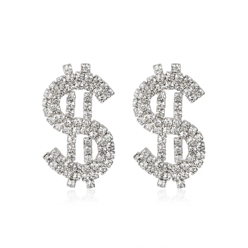 

VRIUA Luxury Money Sign Rhinestone Earrings for Women Shiny Crystal Dollar $ Letter Dangle Earrings Jewelry Accessories, Golden sliver