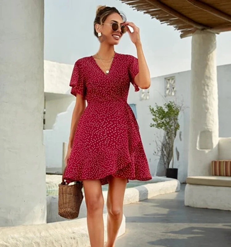 

Wholesale Casual Dresses Women Summer 2021 Cute Lace Up Polka Dot Ruffle Wrap Dress, 5 colors