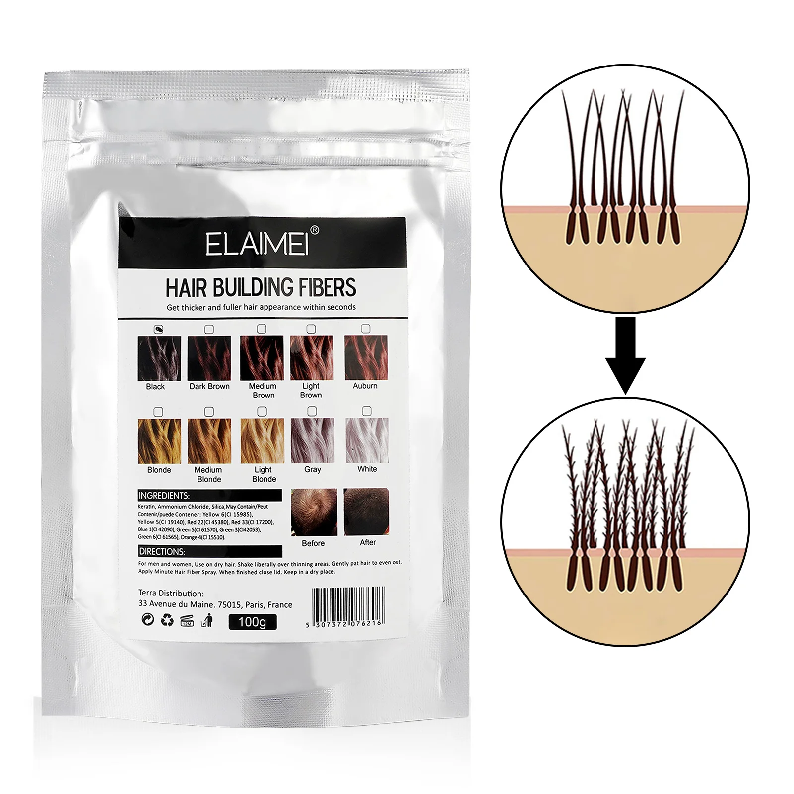 

Hot Sale Follic Tech Hair Building Fibers 100g Highest Grade Refill That Can Use for hair fiber applicator