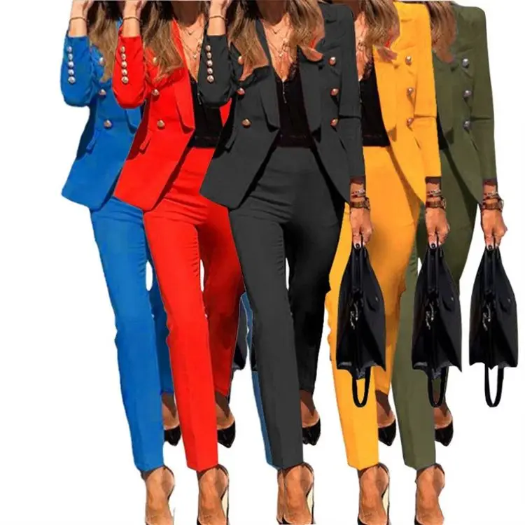

Autumn Elegant Jacket Notched Solid Color Long Sleeve Blazer Pants Suit Lady Blazers Two Piece Set Suits Women Office Wear, Picture color