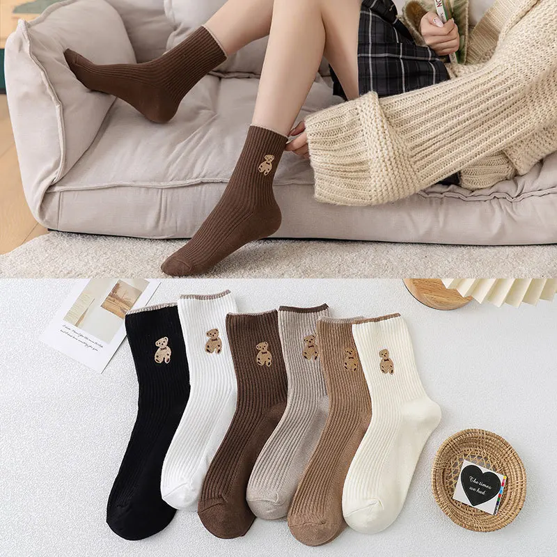 

Bear socks embroidery Spring Summer long socks woman cotton medias socks women