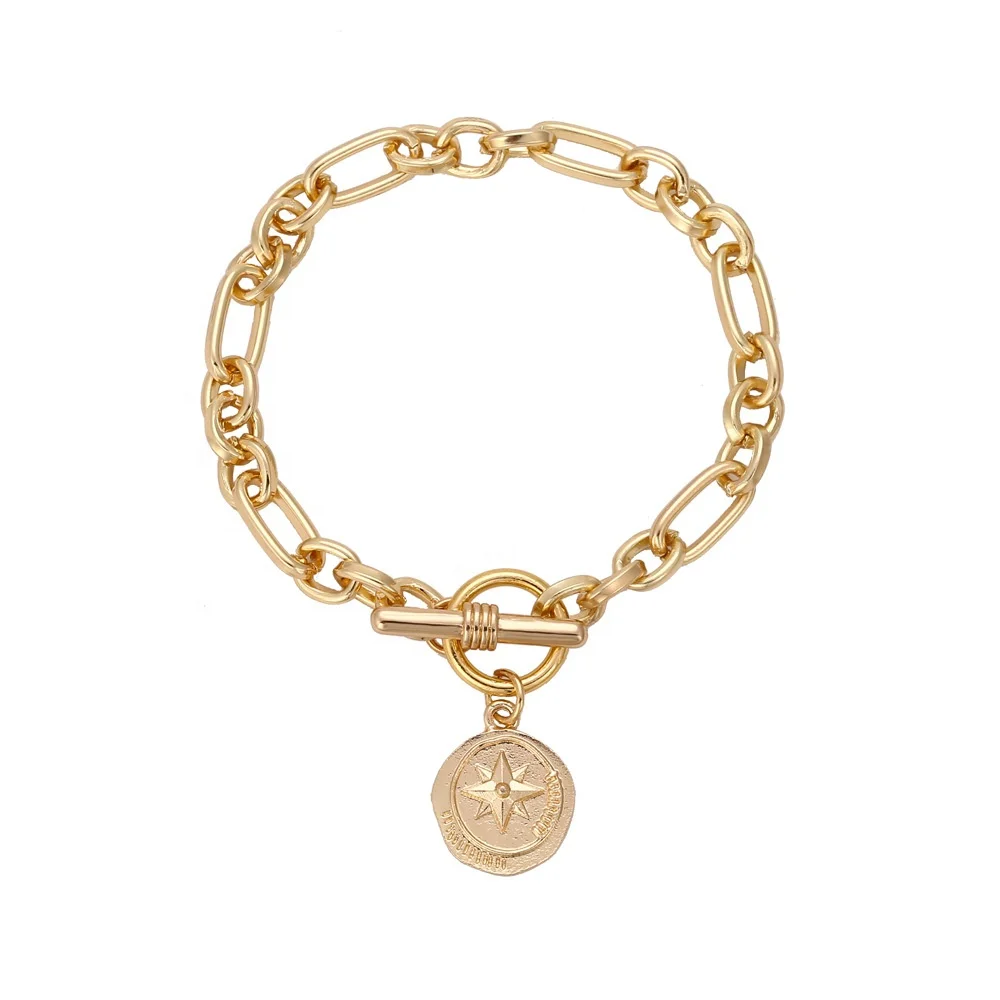 

Welwish Gold Plated Link Chain Bracelet Pearl Heart Charm Pendant OT Chain Bracelet Women