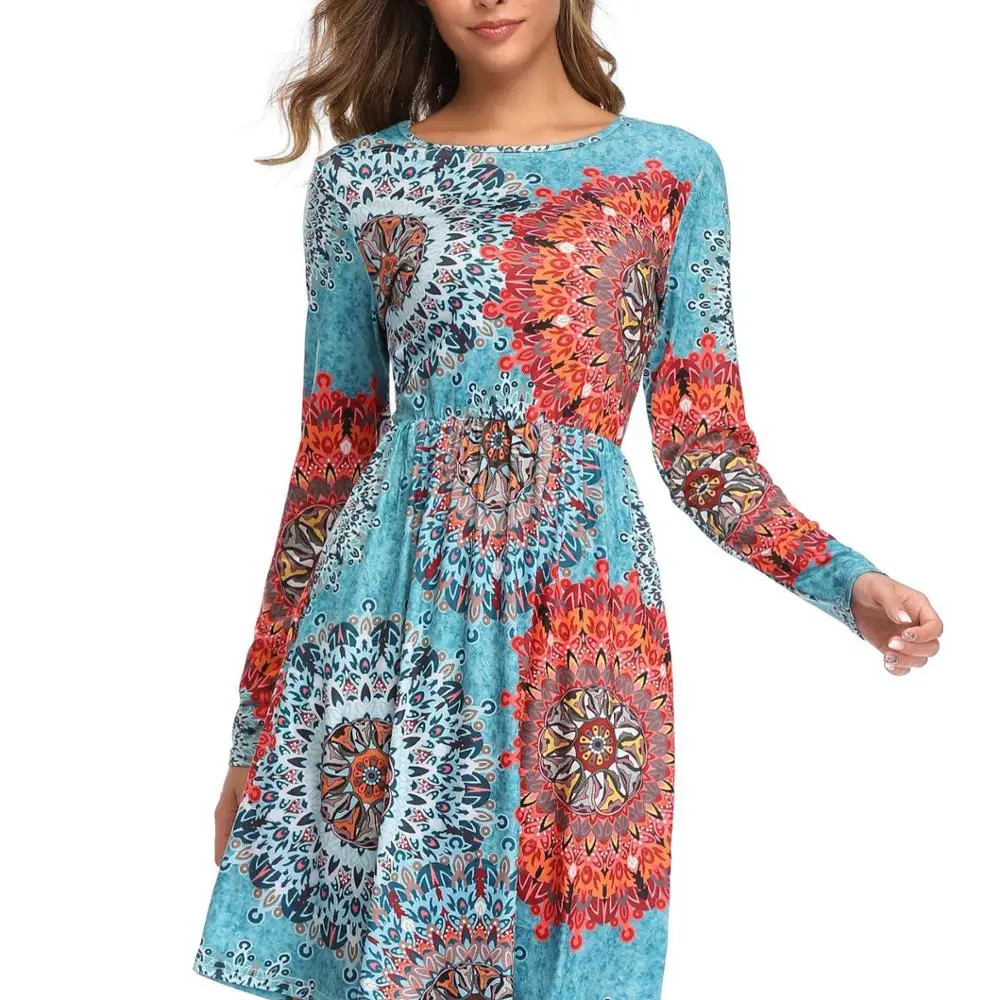 

Dresses Women Lady Elegant Print Element Pocket Long Sleeve Casual Dresses Floral Dress, Picture shows