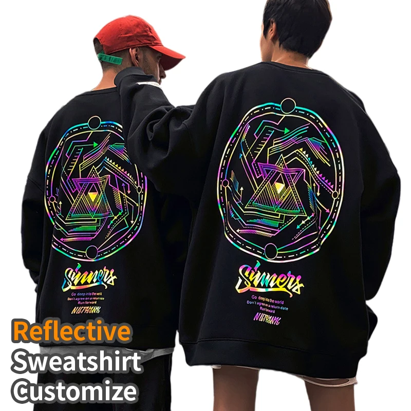 

100% cotton us size reflective tracksuits custom embroidery reflective sweatsuit plain crewneck sweatshirt mens